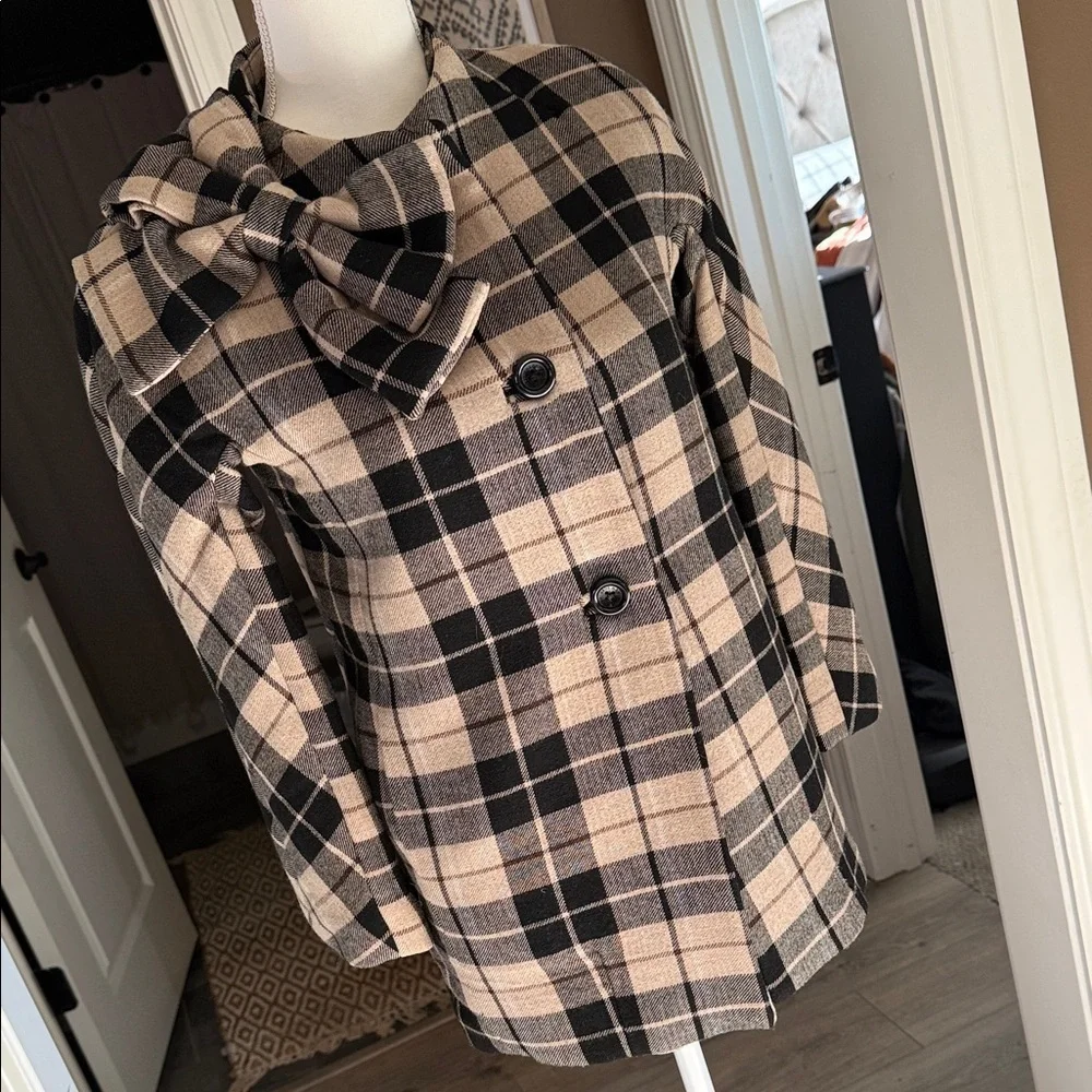 KATE SPADE Tan & Black Plaid Wool Blend Jacket Double Breasted Bow Collar Size M
